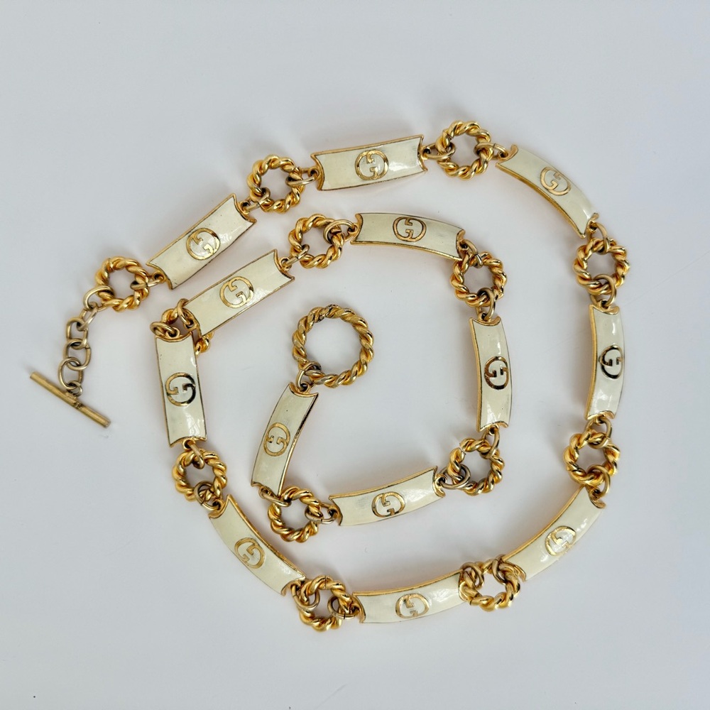 Vintage 1970s Gucci White Enamel Gold Chain Belt Necklace Italy 36” - Picture 2 of 6